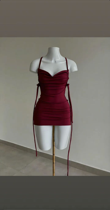 Niulatu Bodycon Spaghetti Strap Formal Dress Short Party Dress Satin Burgundy Homecoming Dress HZ1026